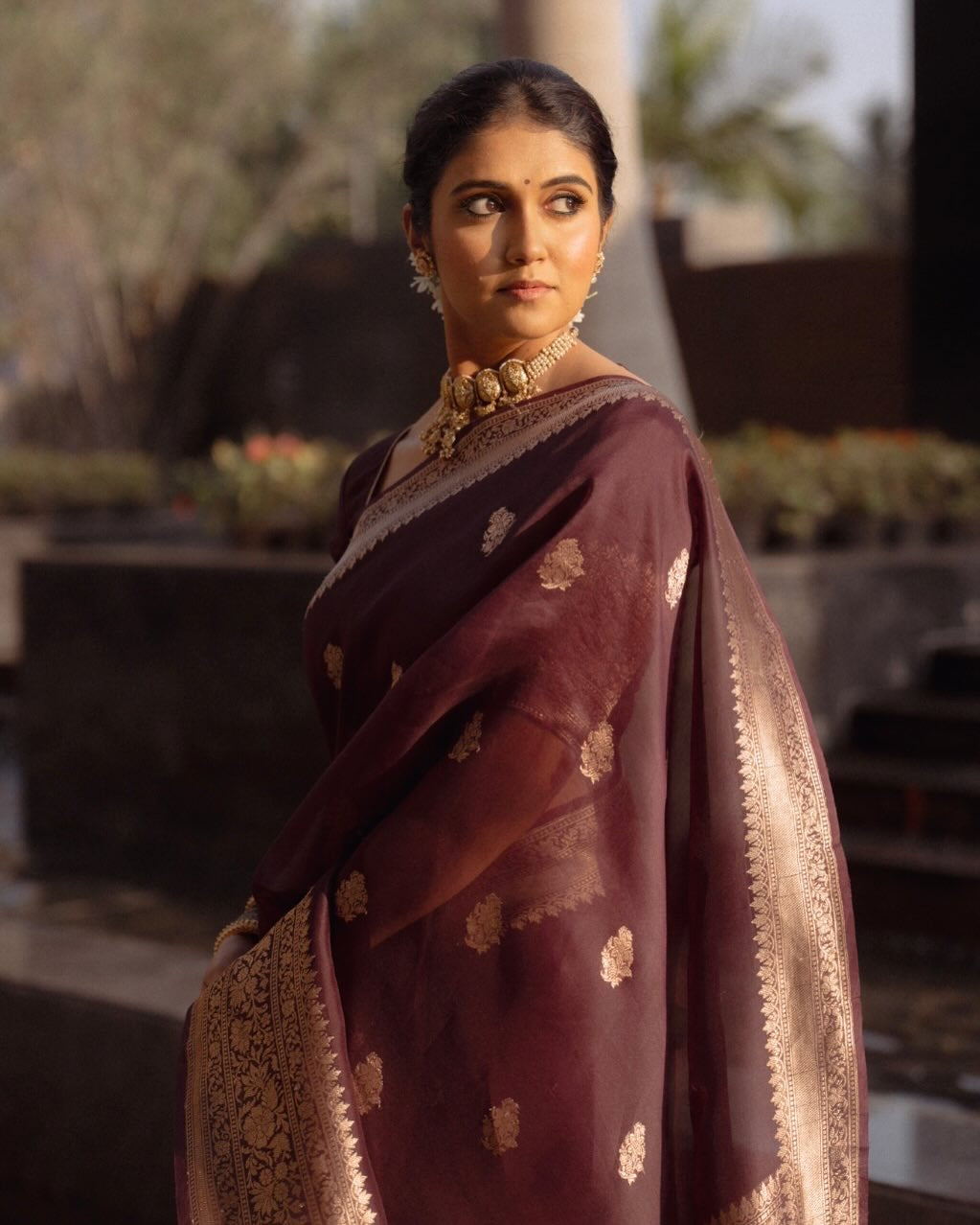 Wine Maroon Banarasi Silk Saree with Antique Golden Zari Work
