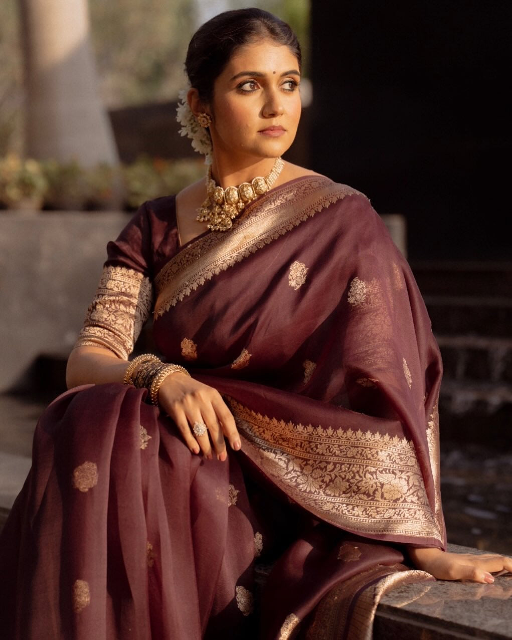 Wine Maroon Banarasi Silk Saree with Antique Golden Zari Work
