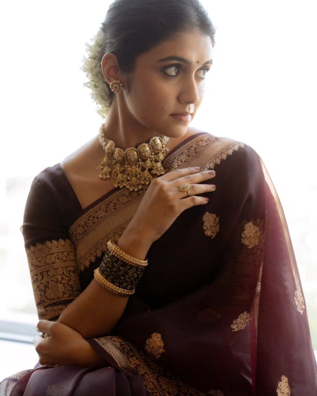 Wine Maroon Banarasi Silk Saree with Antique Golden Zari Work