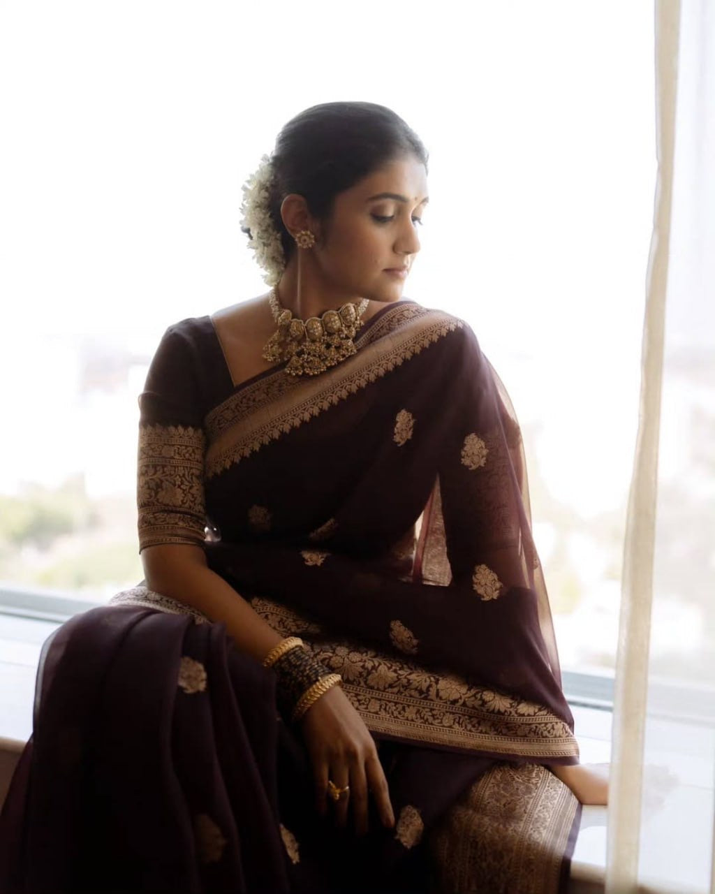 Wine Maroon Banarasi Silk Saree with Antique Golden Zari Work