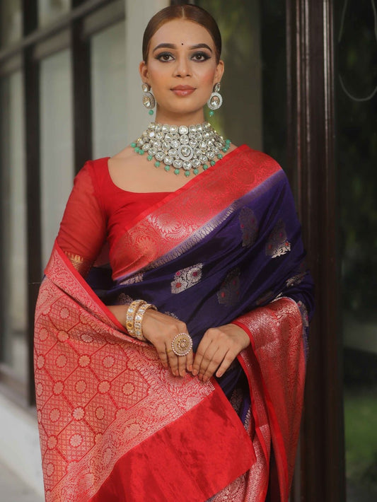 Royal Navy Blue Banarasi Silk Saree with Red Zari Border – Traditional Bridal Wear