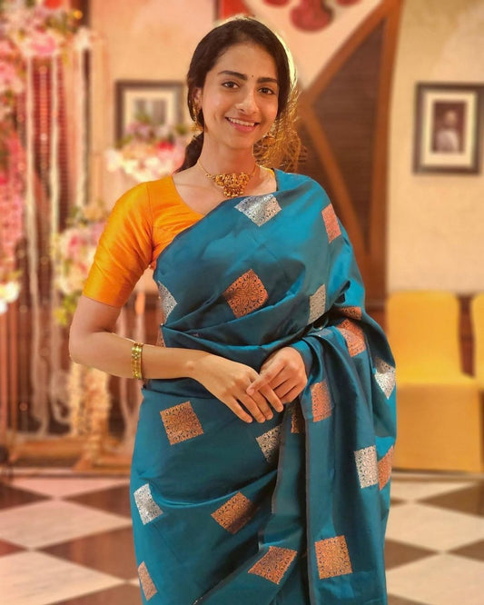 Teal Handloom Silk Saree with Contrast Square Buta and Antique Zari Border