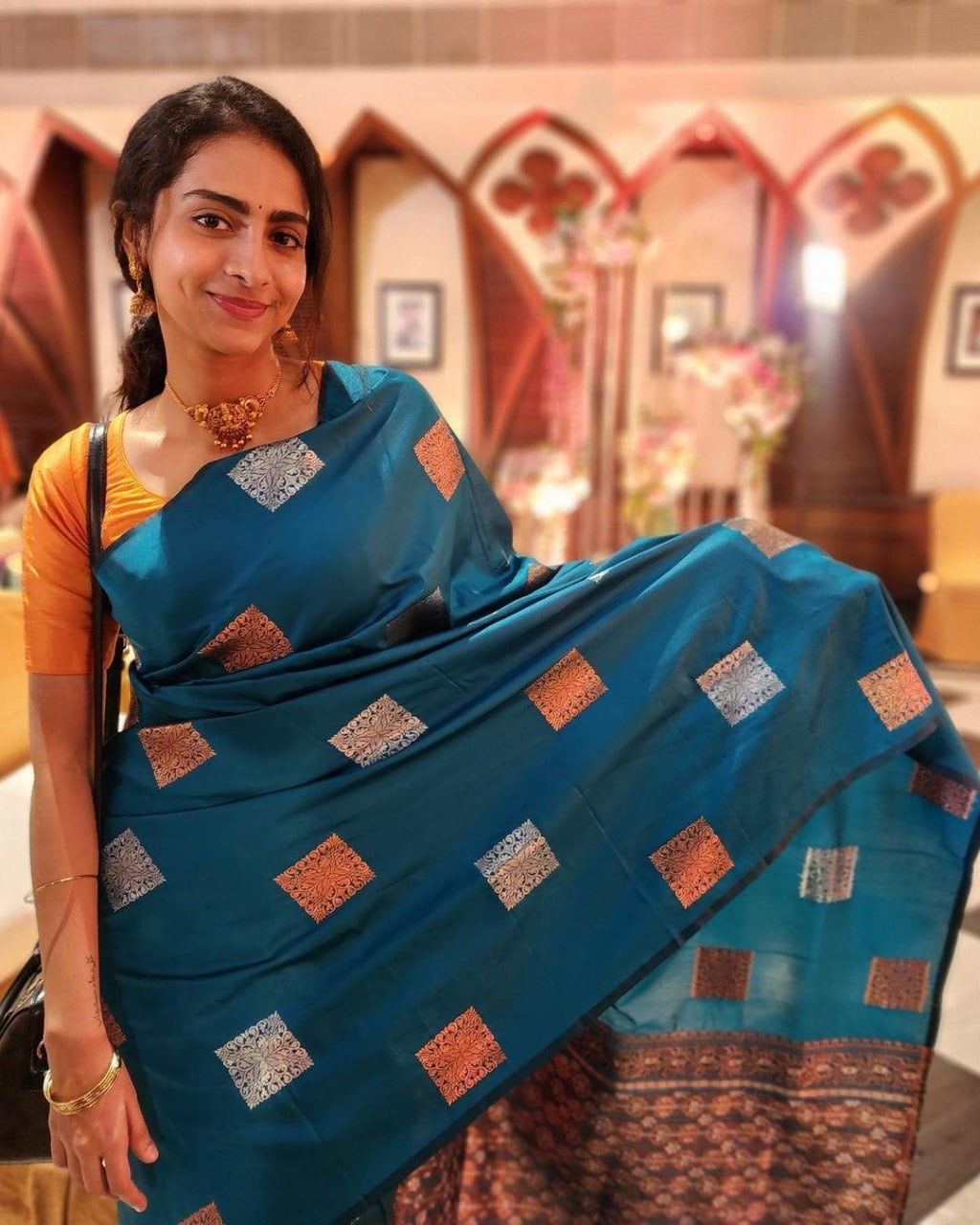 Teal Handloom Silk Saree with Contrast Square Buta and Antique Zari Border