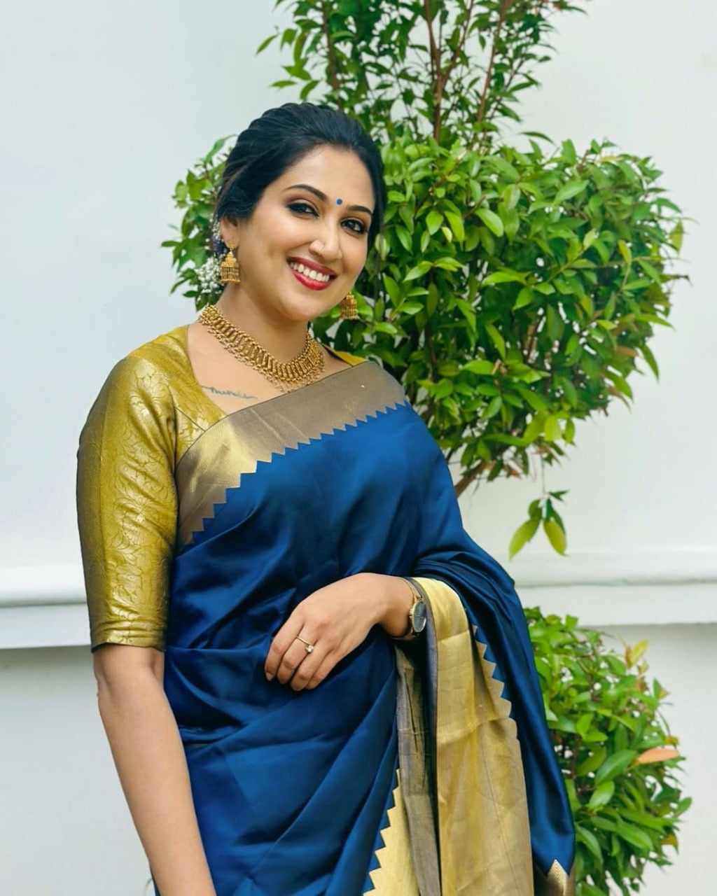 Royal Blue Silk Saree with Antique Gold Zigzag Zari Border & Contrast Blouse Sleeve