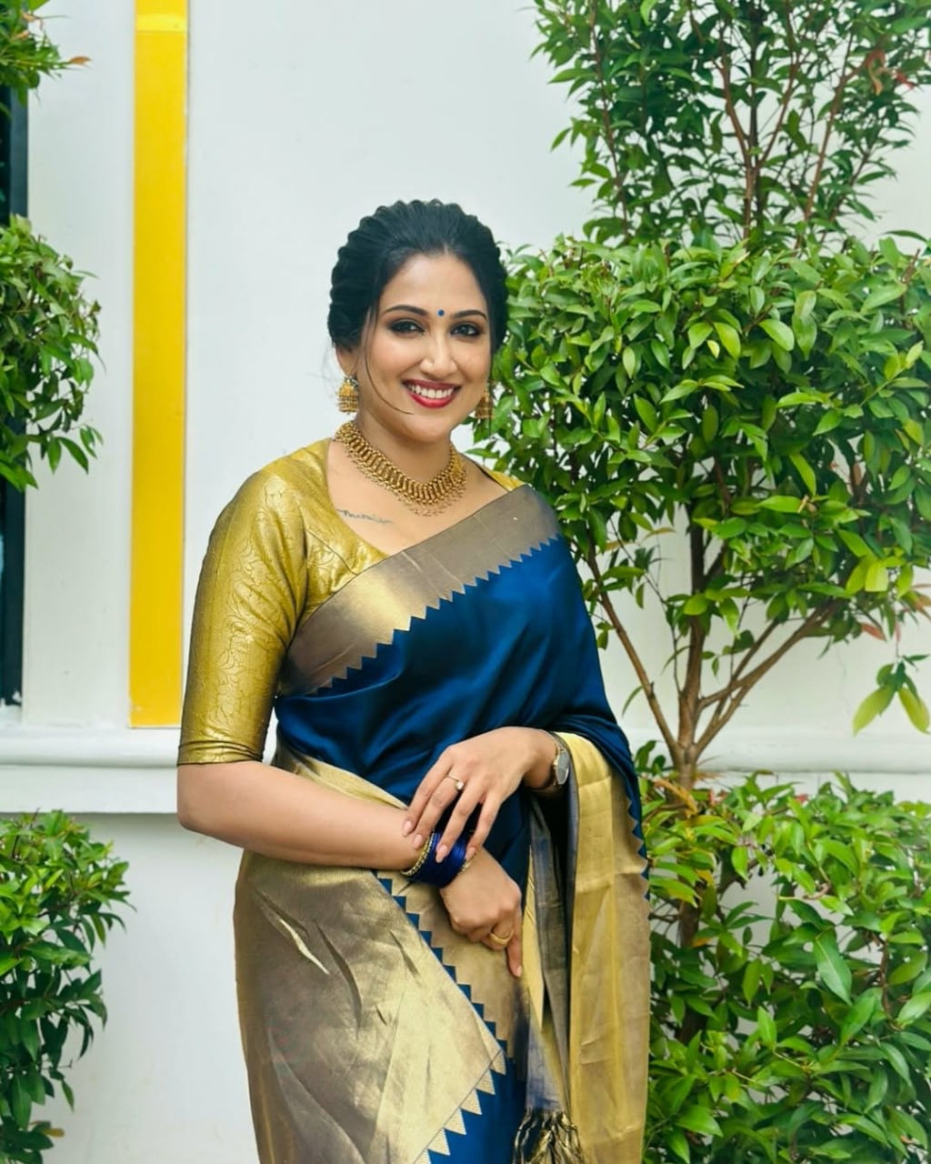 Royal Blue Silk Saree with Antique Gold Zigzag Zari Border & Contrast Blouse Sleeve