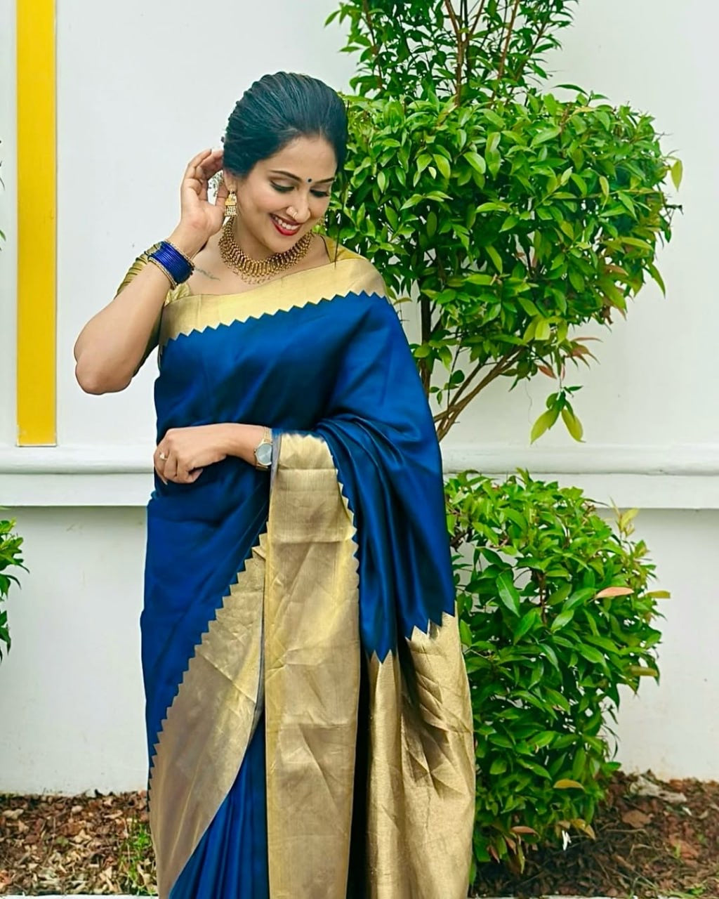 Royal Blue Silk Saree with Antique Gold Zigzag Zari Border & Contrast Blouse Sleeve