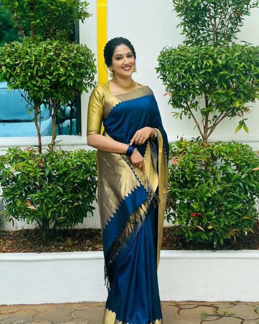 Royal Blue Silk Saree with Antique Gold Zigzag Zari Border & Contrast Blouse Sleeve