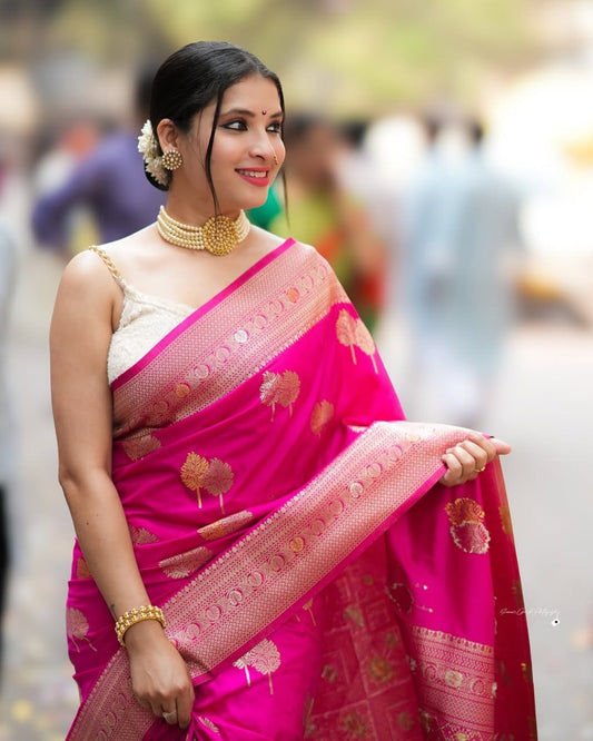 Hot Pink Banarasi Silk Saree with Gold Zari Leaf Motifs & Rich Border