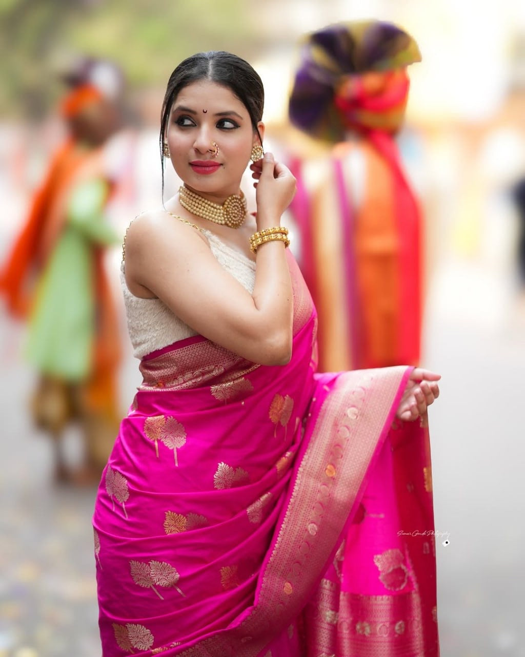Hot Pink Banarasi Silk Saree with Gold Zari Leaf Motifs & Rich Border