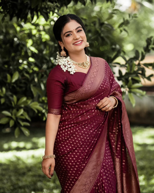 Wine Banarasi Silk Saree with Antique Zari Buti and Rich Paisley Border