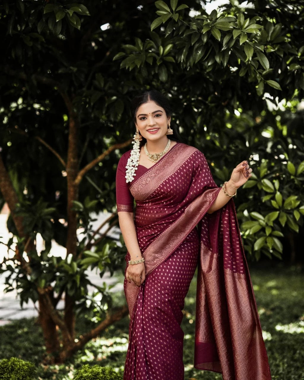 Wine Banarasi Silk Saree with Antique Zari Buti and Rich Paisley Border