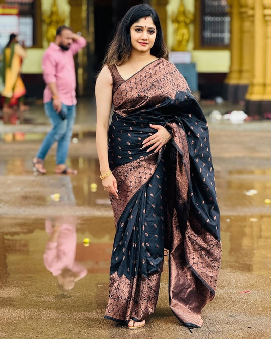 Elegant Black & Copper Silk Saree with Traditional Zari Work