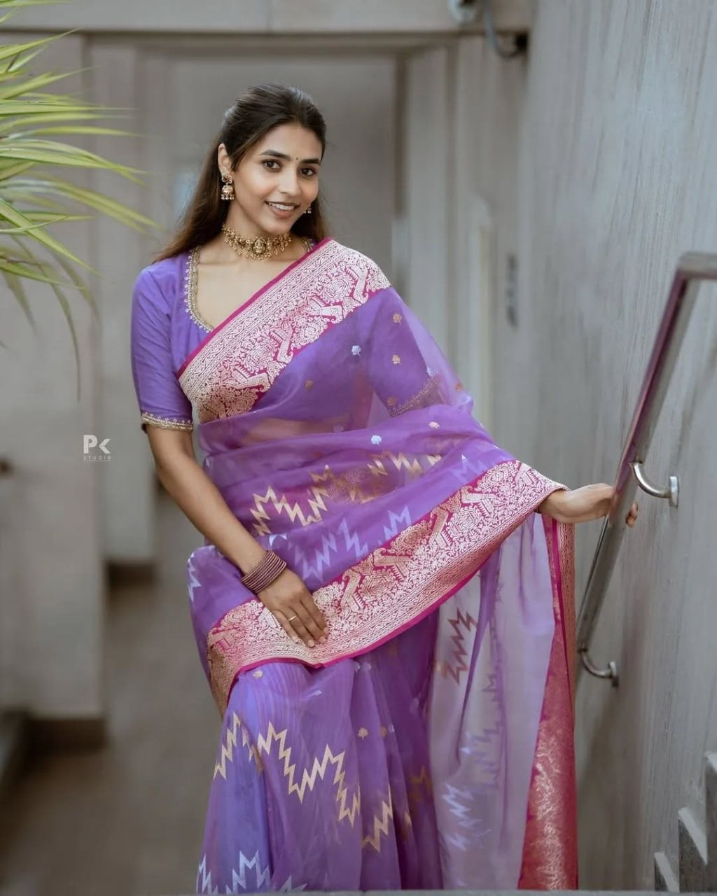 raceful Lavender Silk Saree with Golden Zari & Pink Border