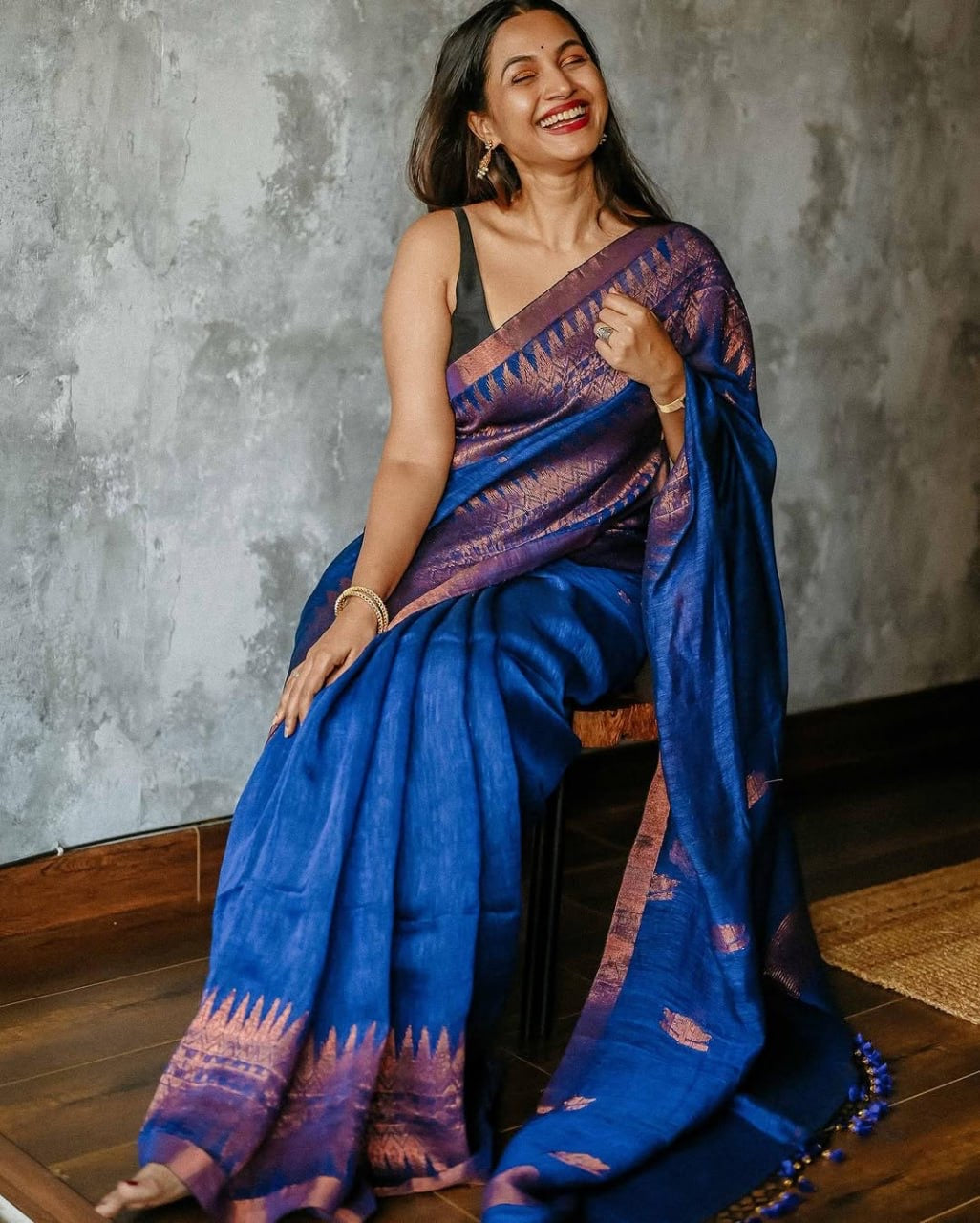 Royal Blue Handloom Silk Saree with Copper Zari Border
