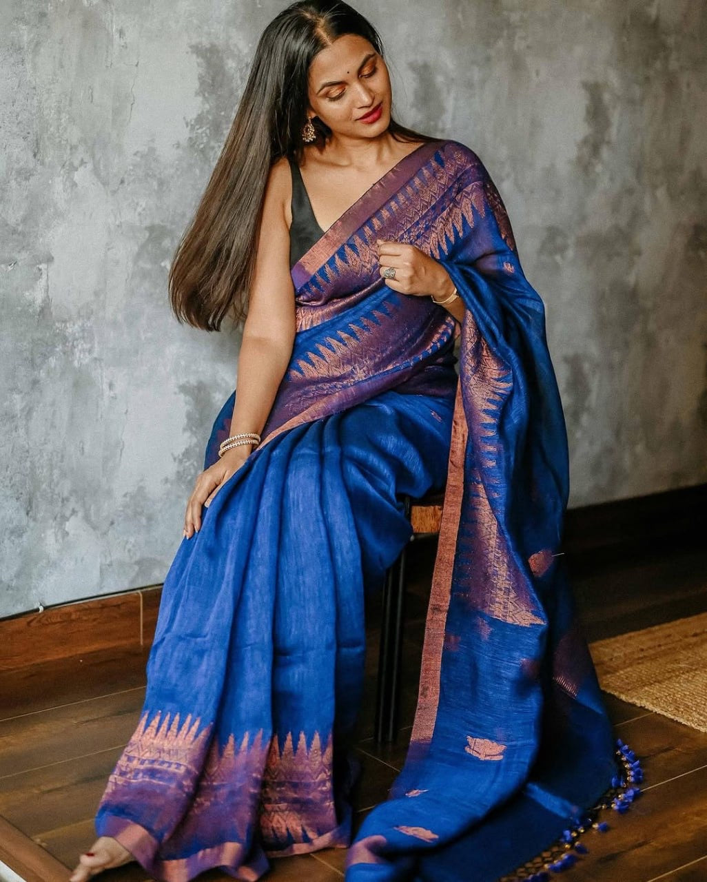 Royal Blue Handloom Silk Saree with Copper Zari Border