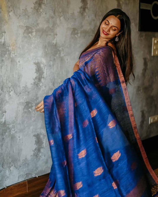Royal Blue Handloom Silk Saree with Copper Zari Border