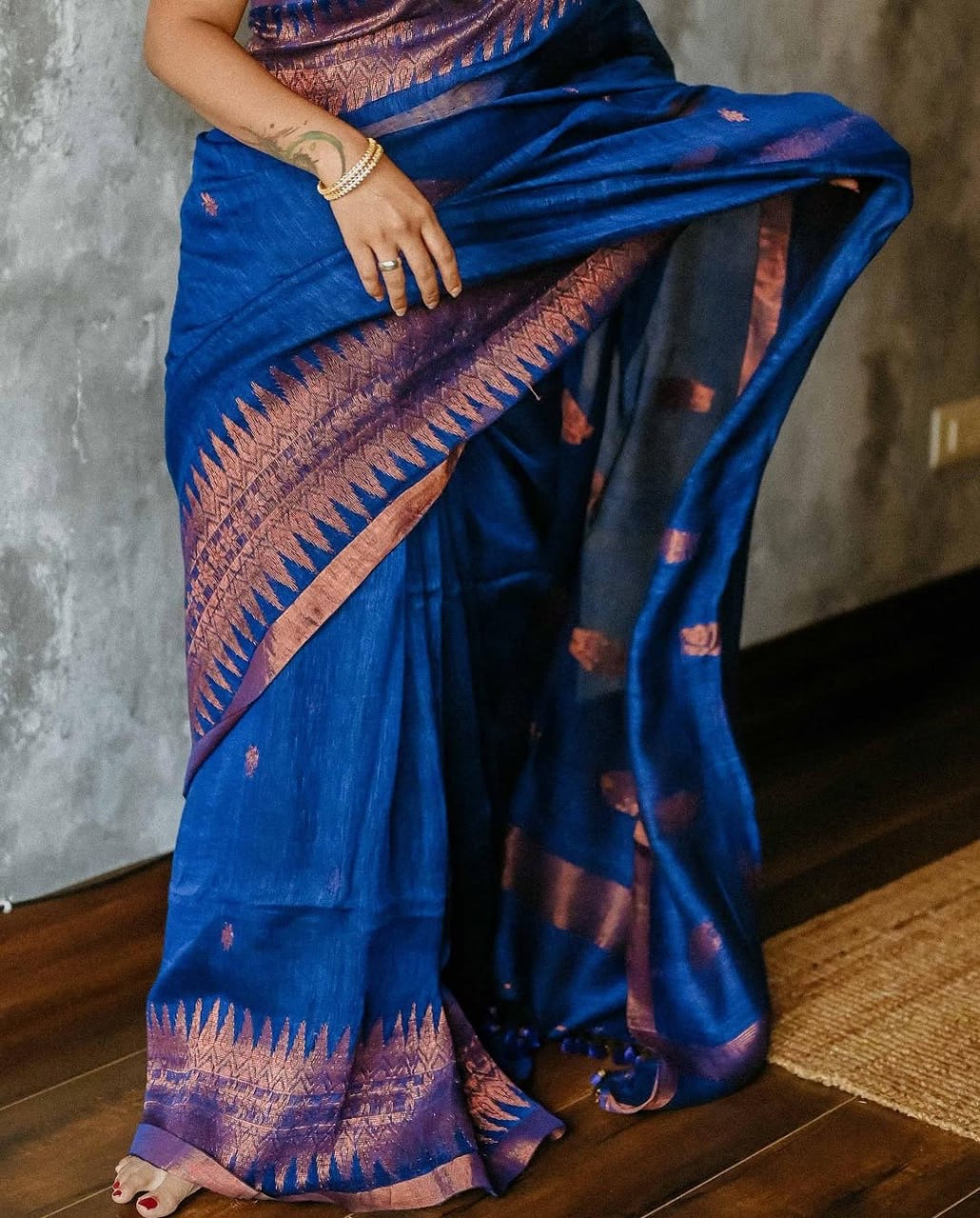 Royal Blue Handloom Silk Saree with Copper Zari Border
