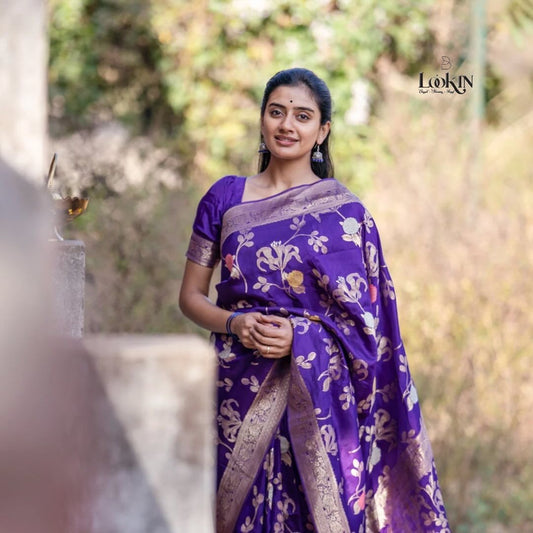 Royal Purple Banarasi Silk Saree with Golden Floral Zari Work