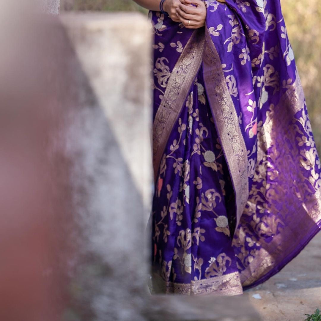 Royal Purple Banarasi Silk Saree with Golden Floral Zari Work