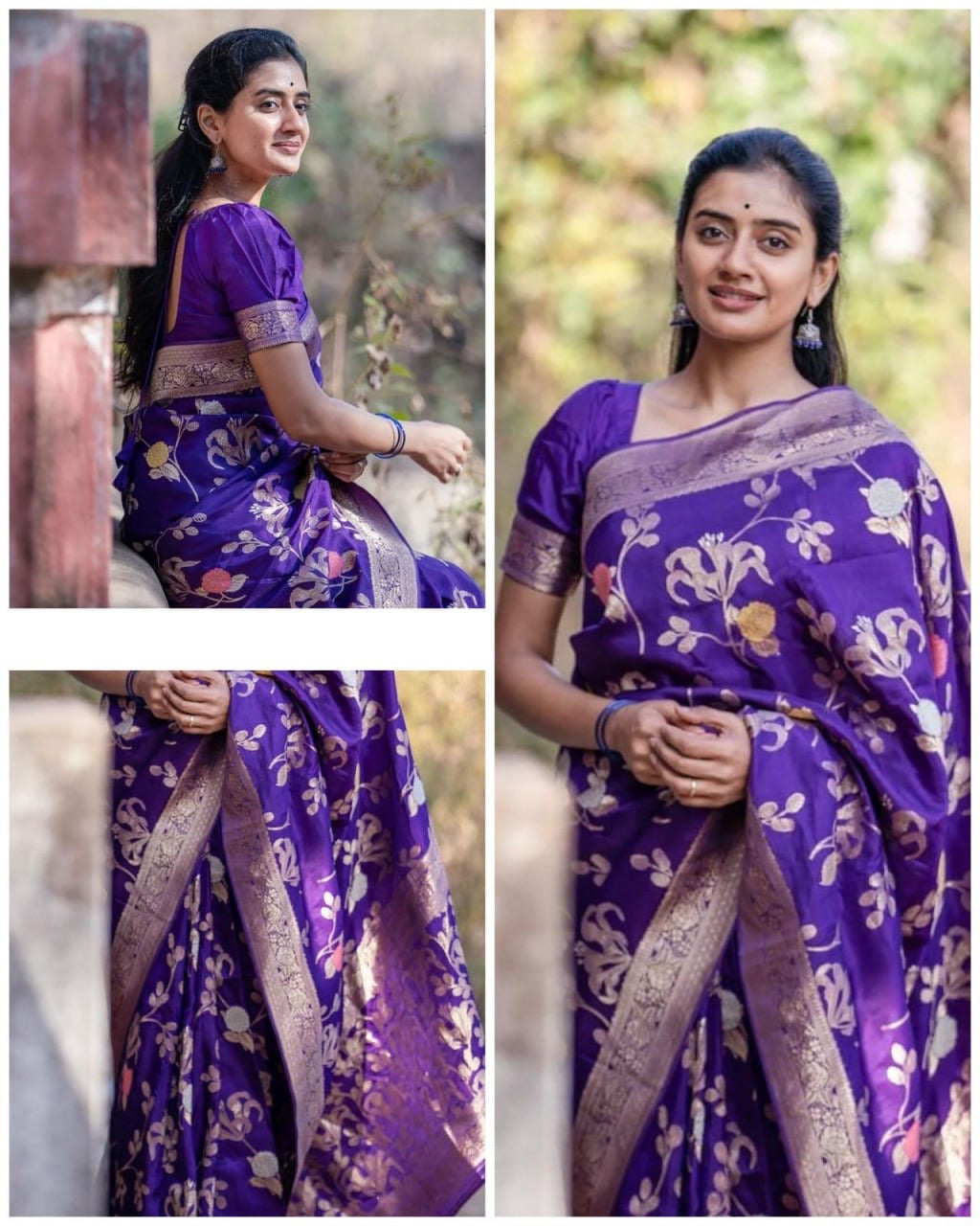 Royal Purple Banarasi Silk Saree with Golden Floral Zari Work