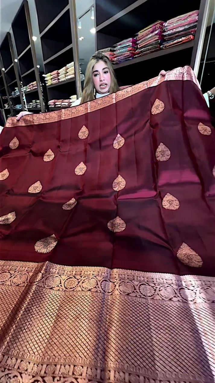Royal Wine Maroon Banarasi Silk Saree with Golden Zari
