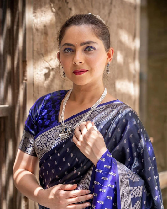 Midnight Blue Banarasi Silk Saree with Silver Zari Work