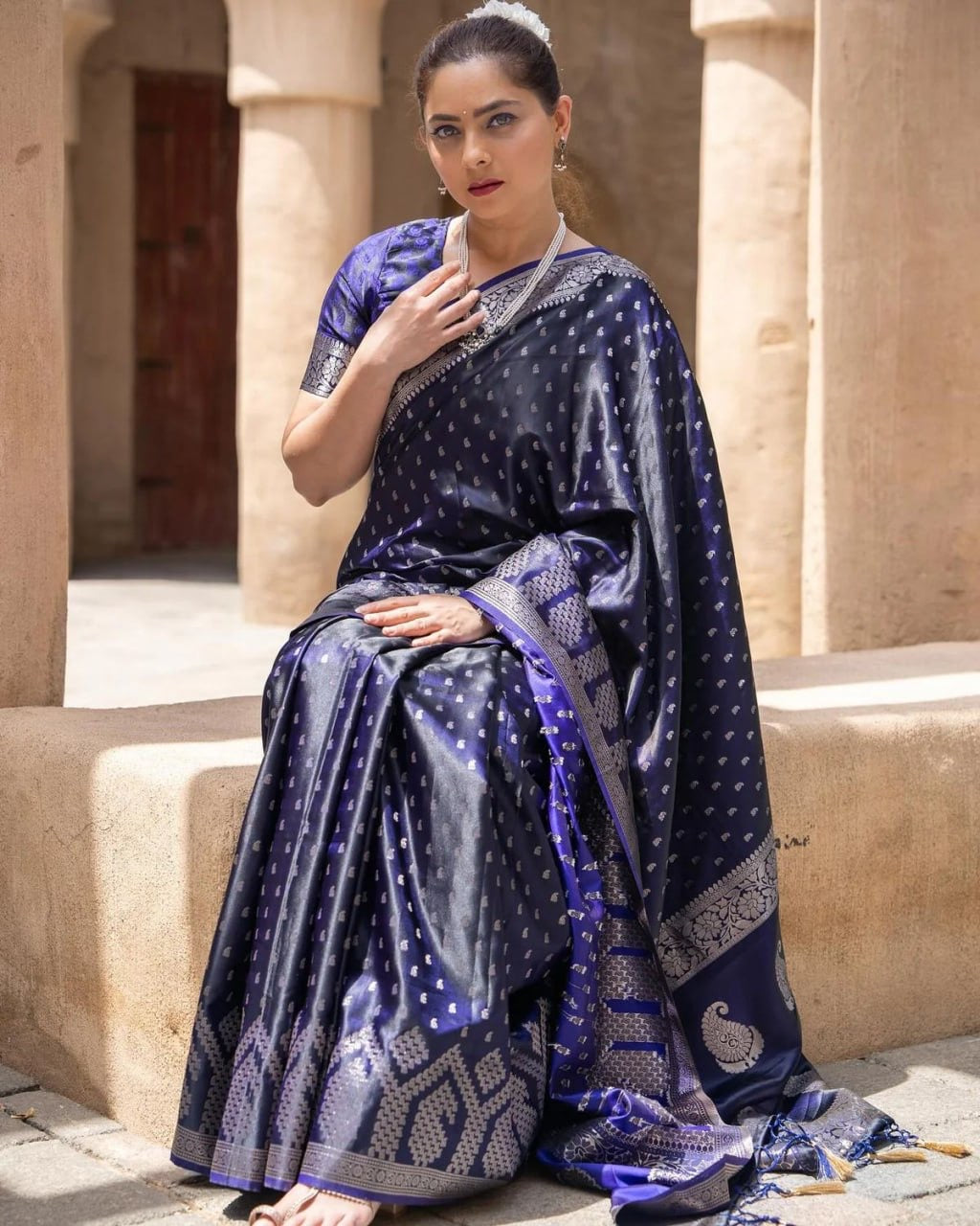 Midnight Blue Banarasi Silk Saree with Silver Zari Work