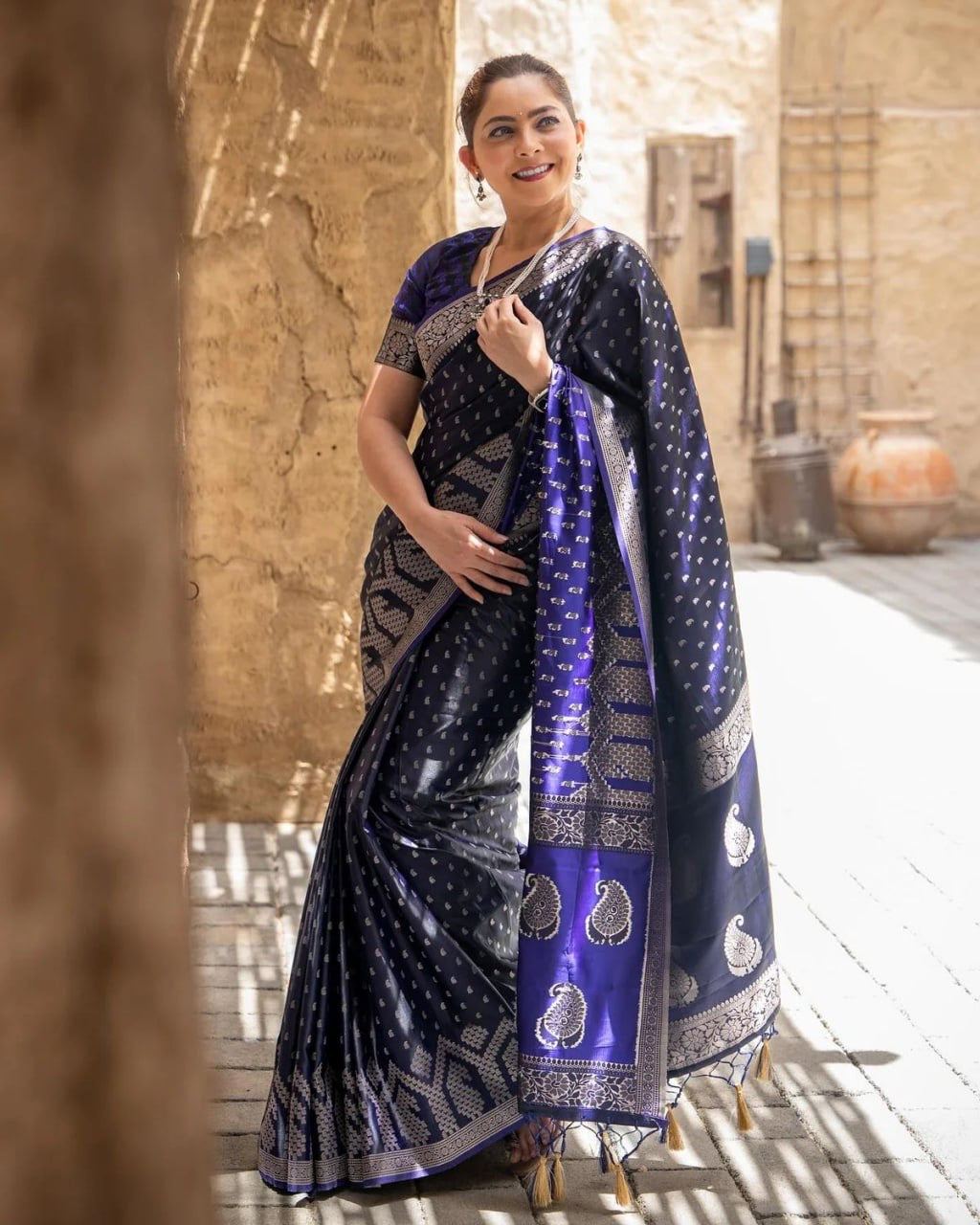 Midnight Blue Banarasi Silk Saree with Silver Zari Work