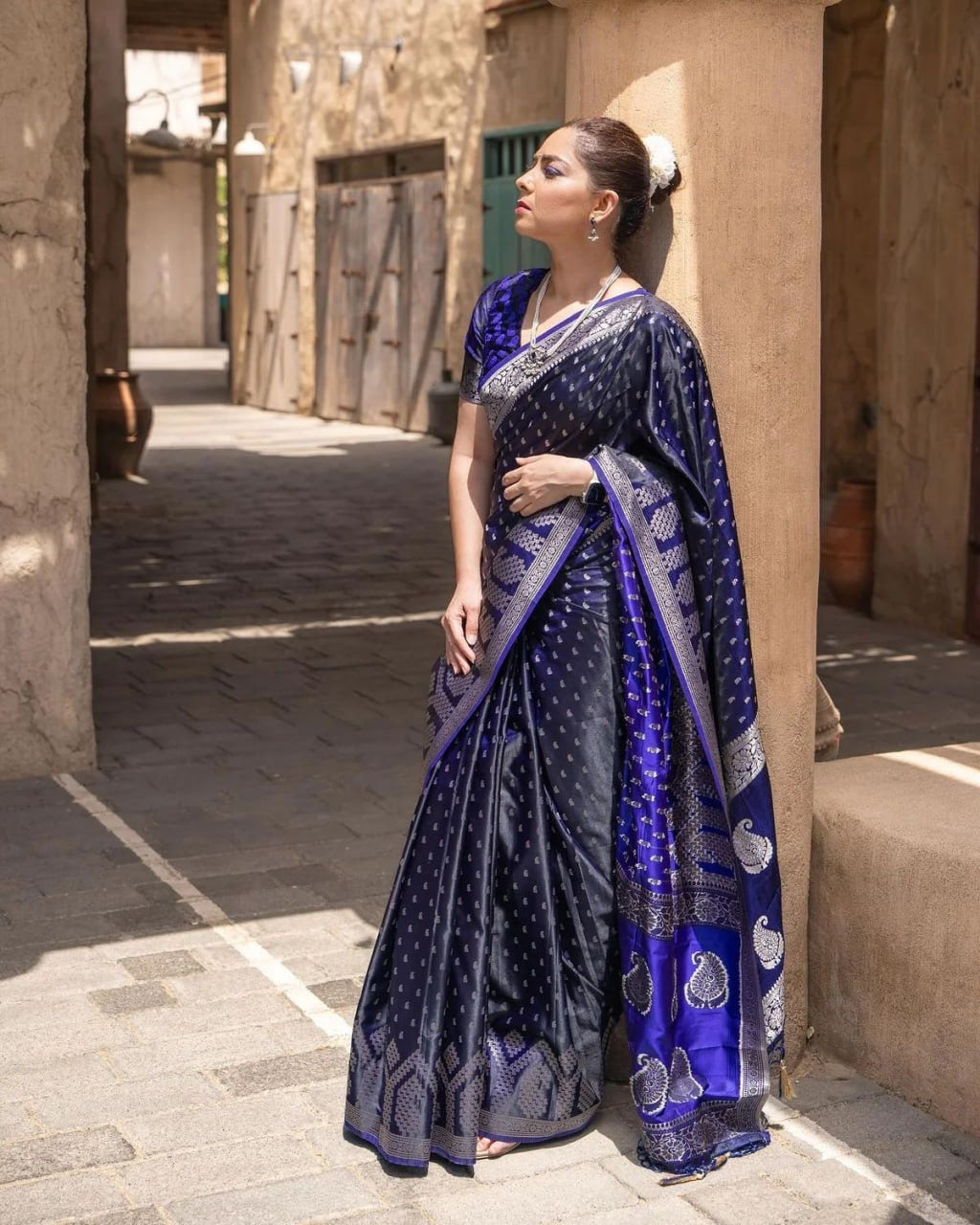 Midnight Blue Banarasi Silk Saree with Silver Zari Work