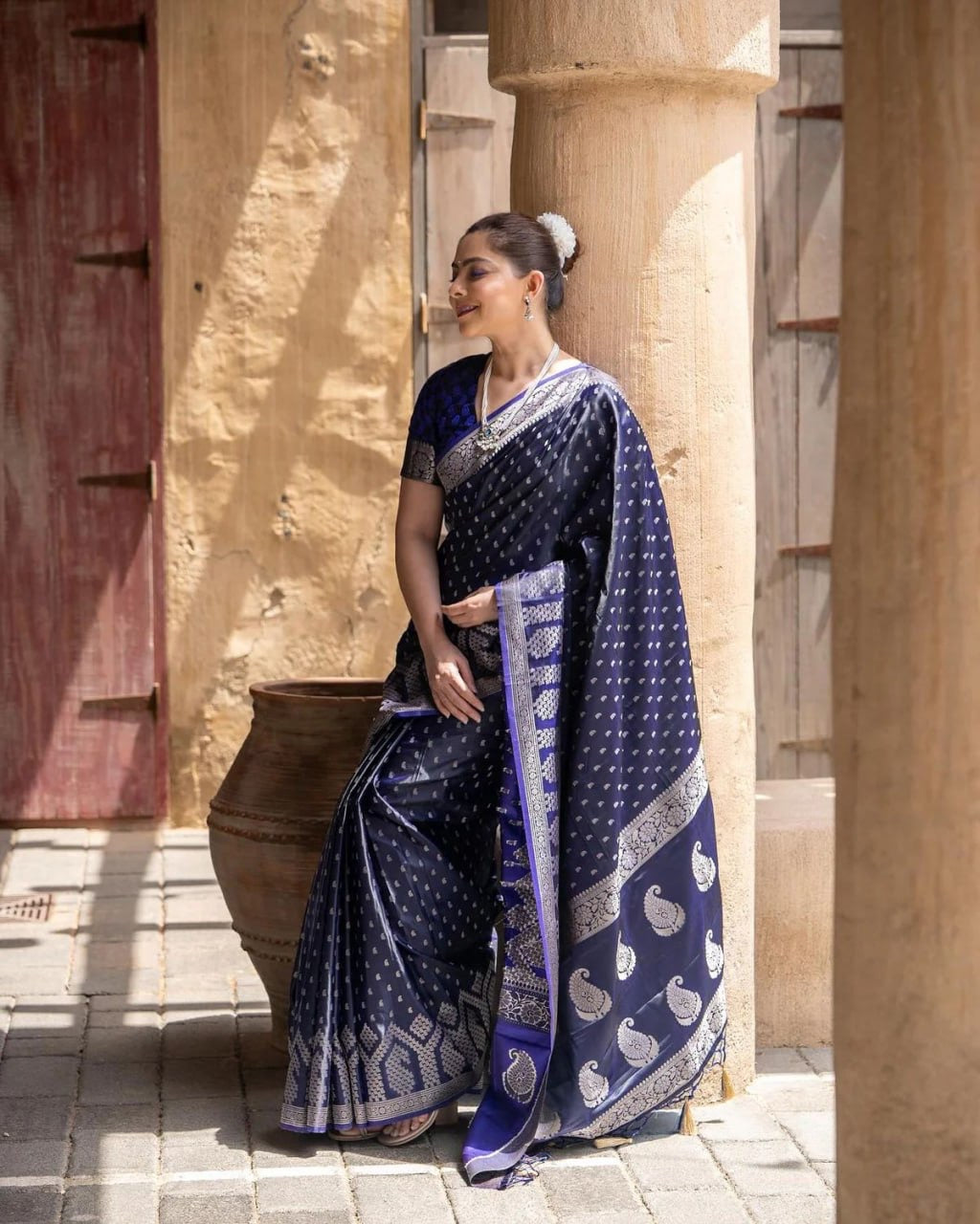 Midnight Blue Banarasi Silk Saree with Silver Zari Work