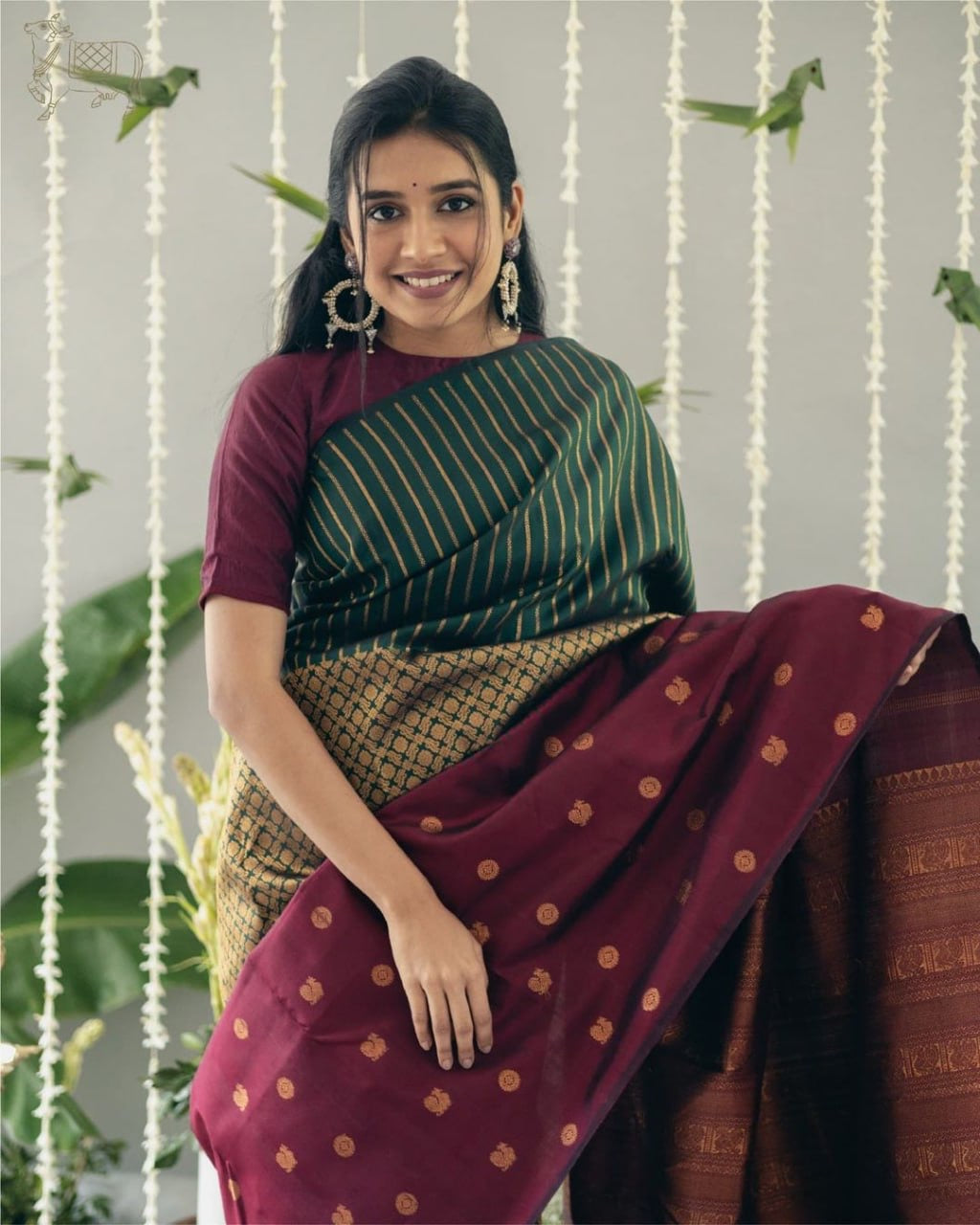 Bottle Green & Maroon Banarasi Silk Saree with Golden Zari Stripes and Border