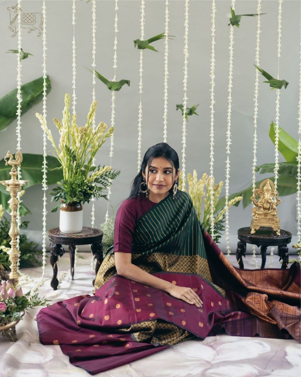 Bottle Green & Maroon Banarasi Silk Saree with Golden Zari Stripes and Border