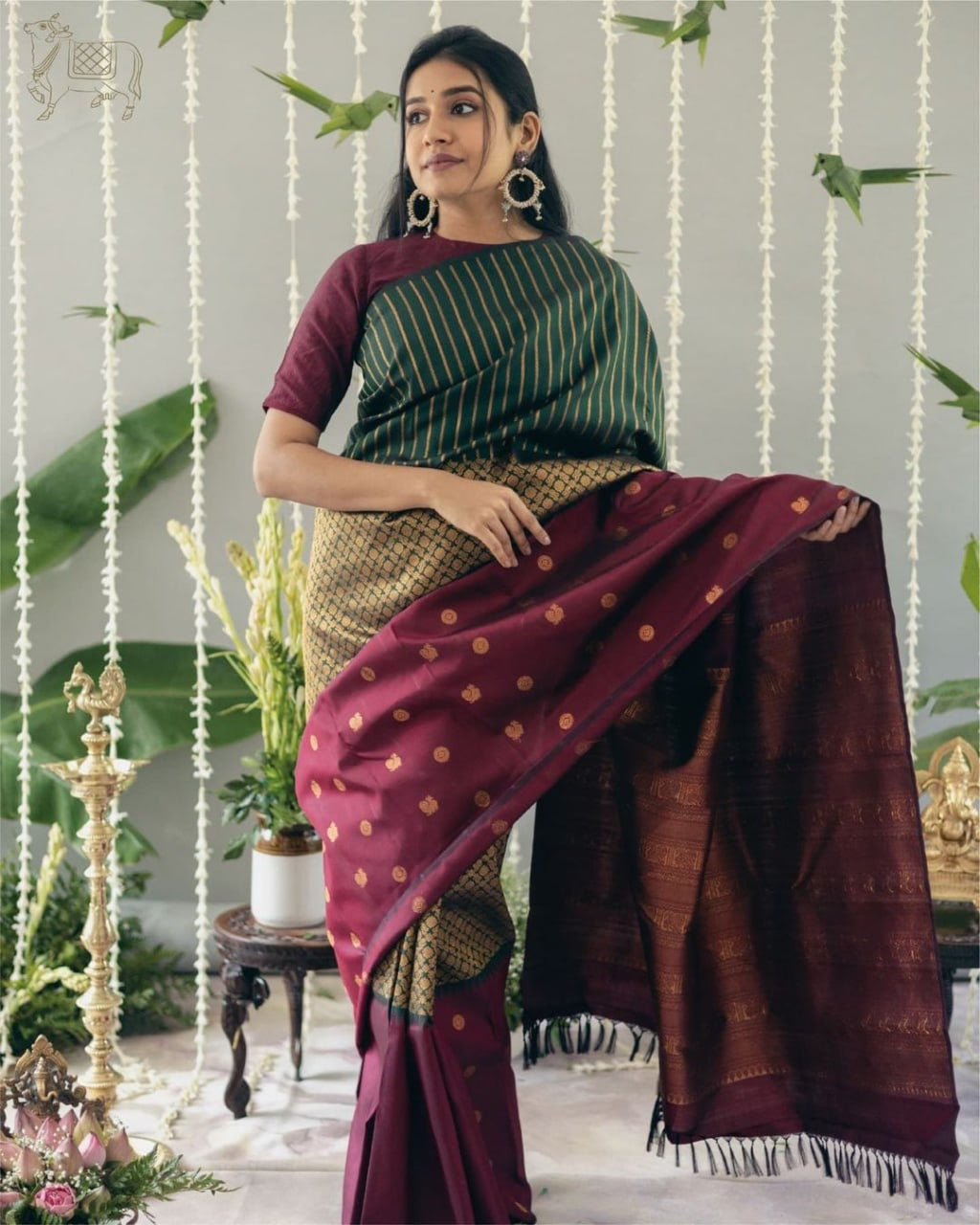 Bottle Green & Maroon Banarasi Silk Saree with Golden Zari Stripes and Border