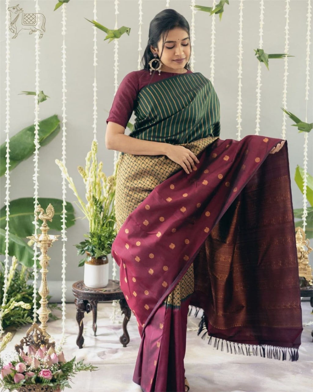 Bottle Green & Maroon Banarasi Silk Saree with Golden Zari Stripes and Border