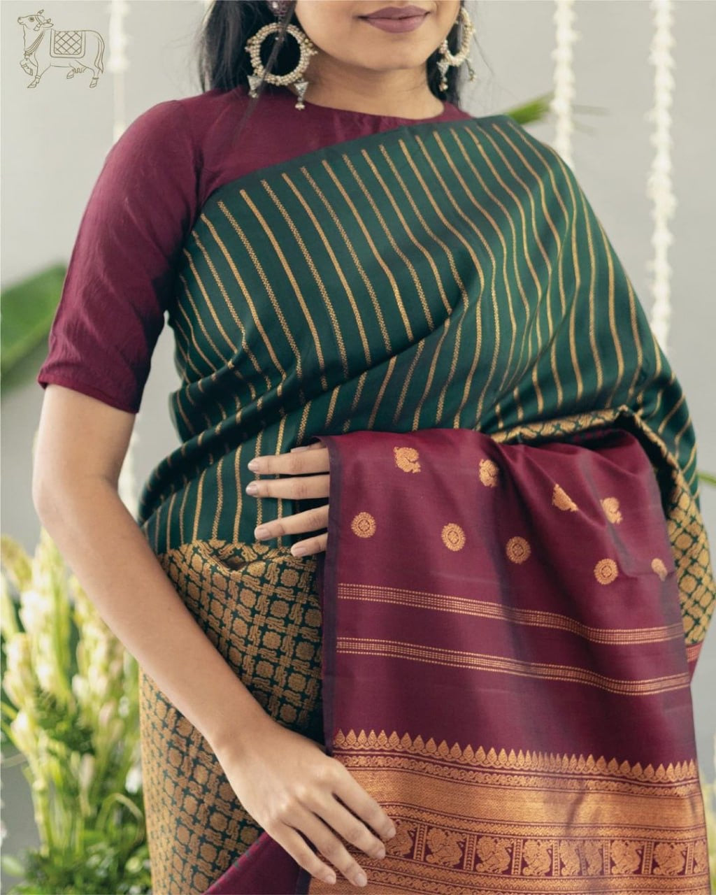 Bottle Green & Maroon Banarasi Silk Saree with Golden Zari Stripes and Border