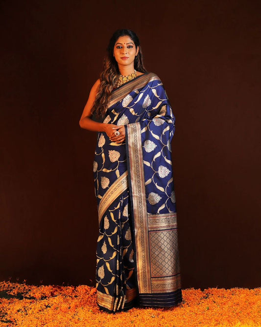 Royal Blue Banarasi Silk Saree with Intricate Golden Zari Weaving