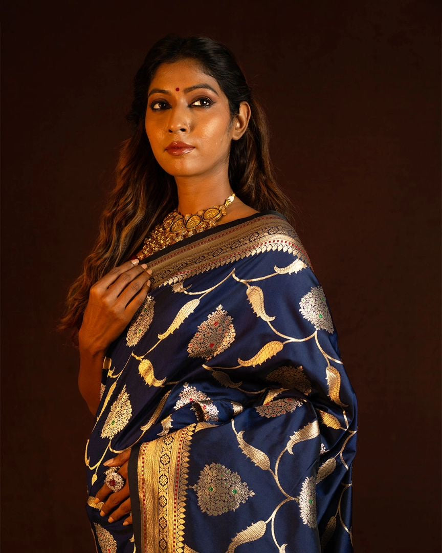 Royal Blue Banarasi Silk Saree with Intricate Golden Zari Weaving