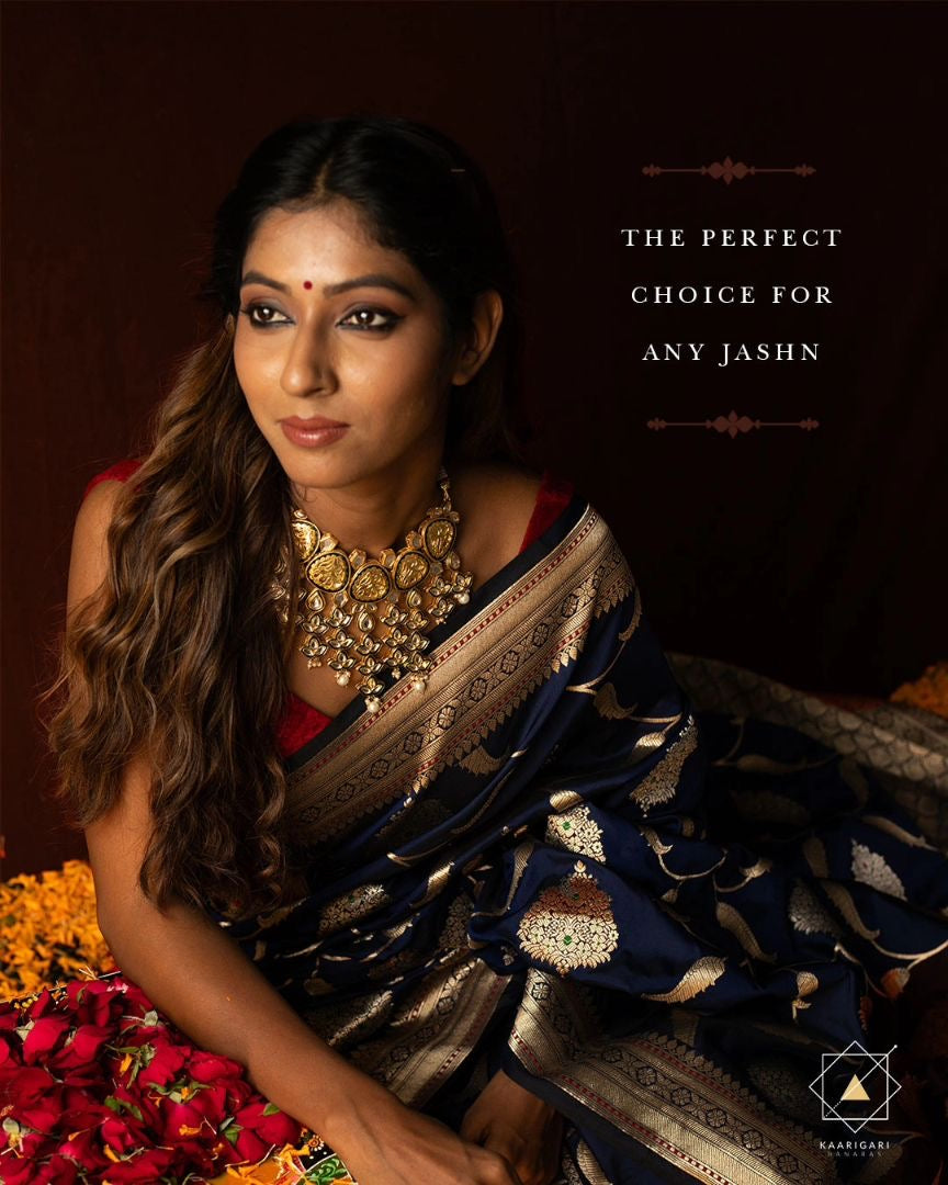 Royal Blue Banarasi Silk Saree with Intricate Golden Zari Weaving
