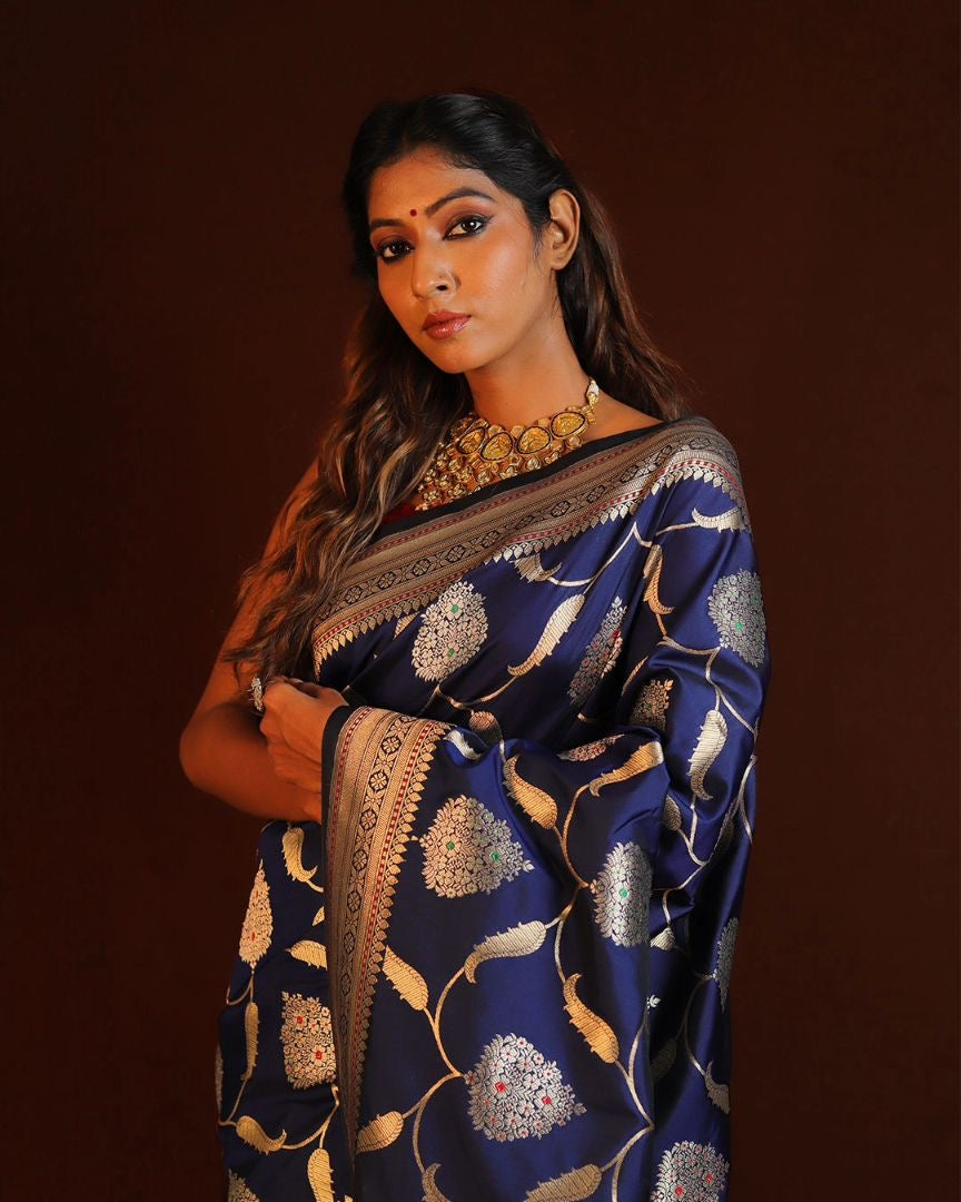 Royal Blue Banarasi Silk Saree with Intricate Golden Zari Weaving