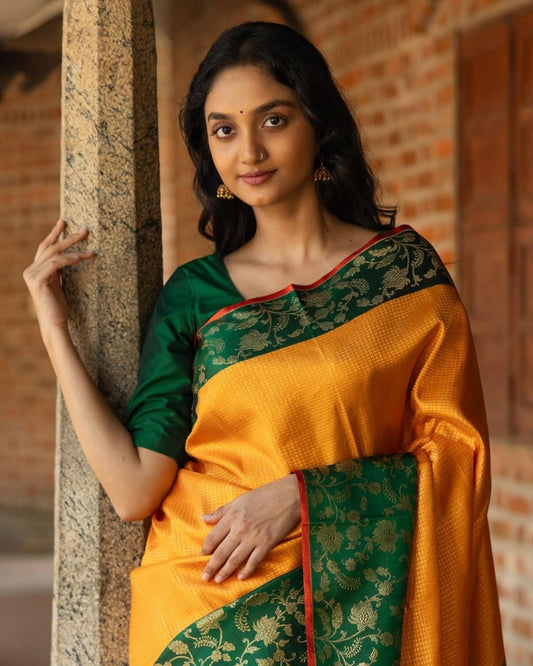 Golden Yellow Kanjivaram Silk Saree with Emerald Green Zari Border