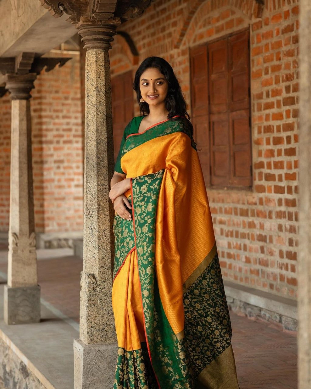 Golden Yellow Kanjivaram Silk Saree with Emerald Green Zari Border