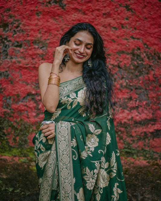 Elegant Bottle Green Floral Woven Saree with Antique Gold Detailing