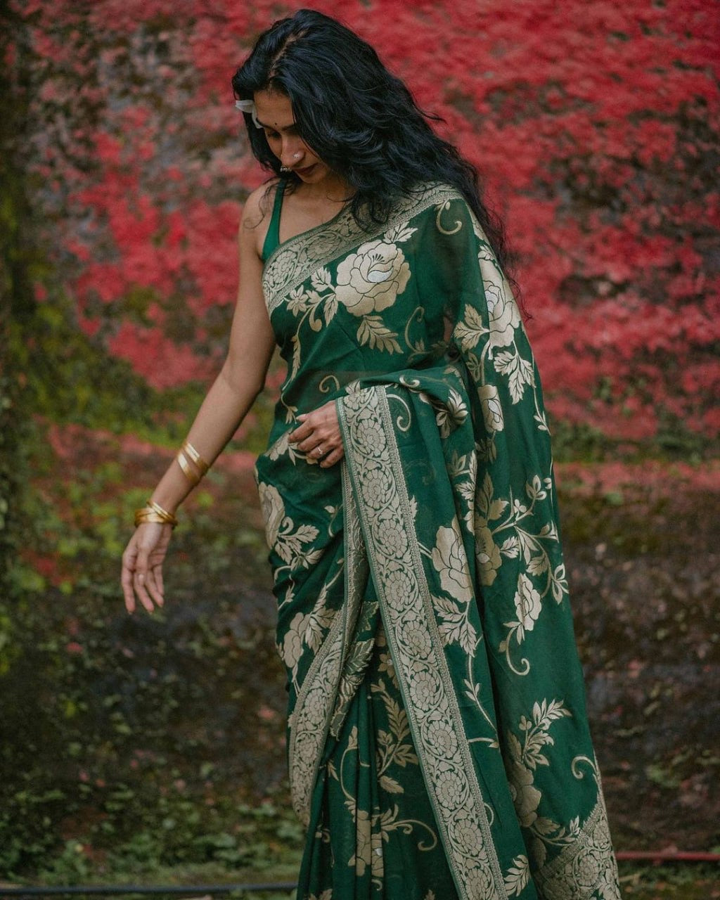 Elegant Bottle Green Floral Woven Saree with Antique Gold Detailing