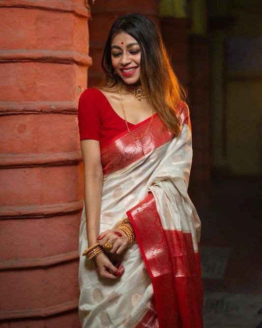 Classic White and Red Bengali Silk Saree with Rich Zari Border