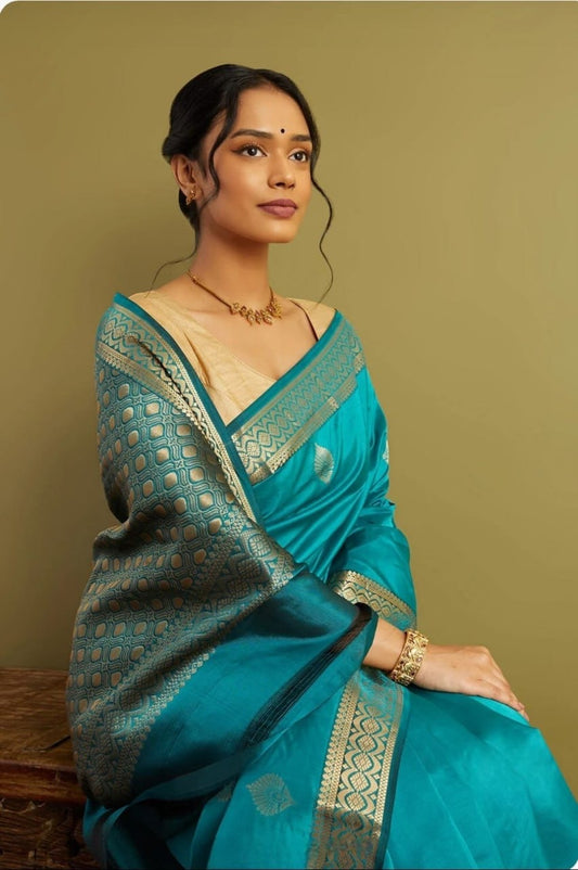 Teal Blue Banarasi Silk Saree with Intricate Zari Weaving