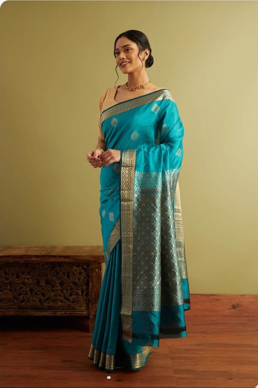 Teal Blue Banarasi Silk Saree with Intricate Zari Weaving