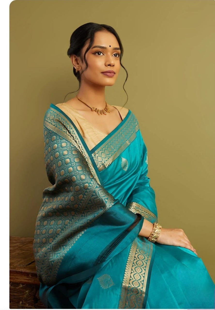 Teal Blue Banarasi Silk Saree with Intricate Zari Weaving
