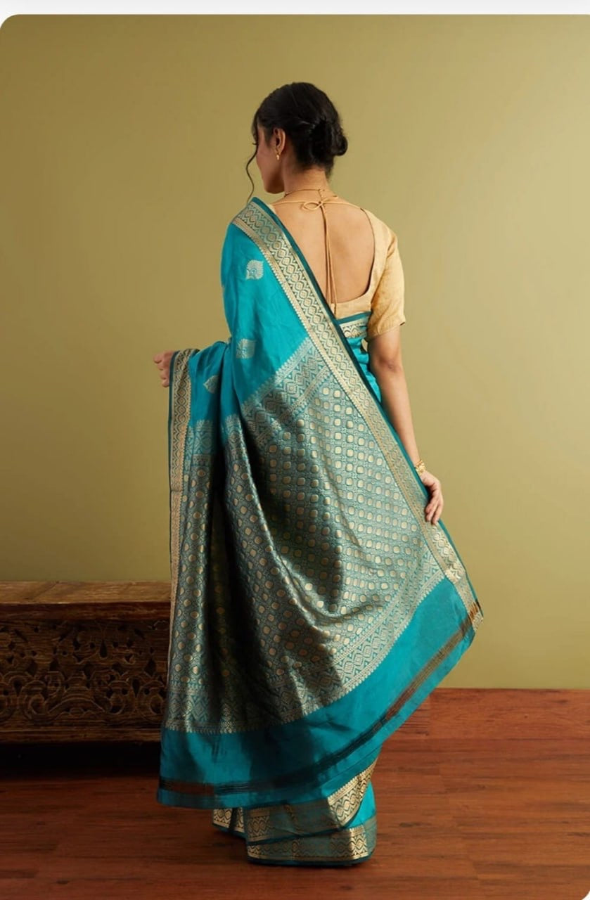 Teal Blue Banarasi Silk Saree with Intricate Zari Weaving