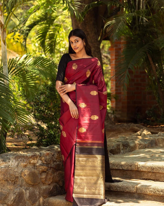 Elegant Maroon Silk Saree with Zari Polka and Border – Festive Party Wear