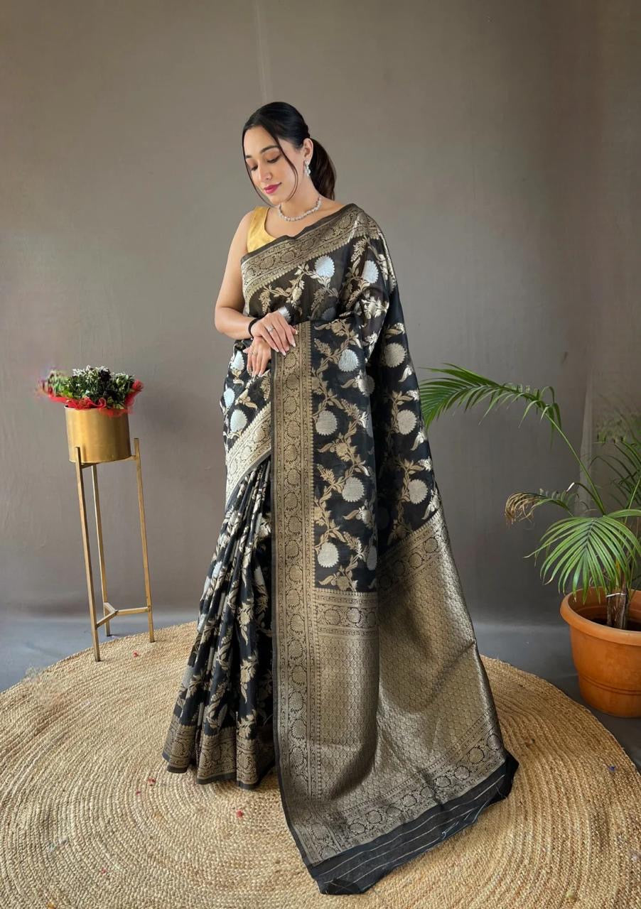 Classic Banarasi Silk Saree with Zari Floral Brocade and Ornate Border